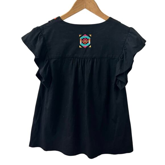 THML Embroidered Flutter Sleeve Black Top Womens Size Small Boho Peasant Style - Picture 3 of 10